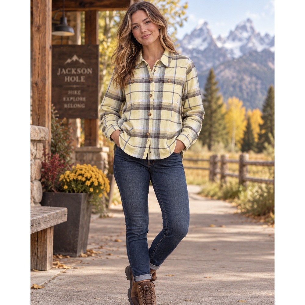 Stio Womens Buckhorn Insulated Flannel Shirt Yellow Plaid Organic Cotton S